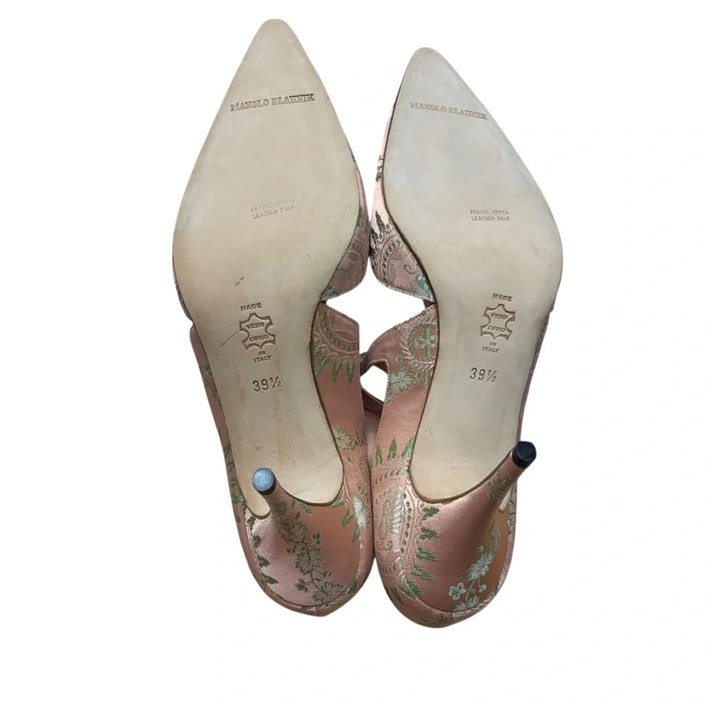 Manolo Blahnik Pink Silk Jacquard D’Orsay Heels Crystal Button Pumps